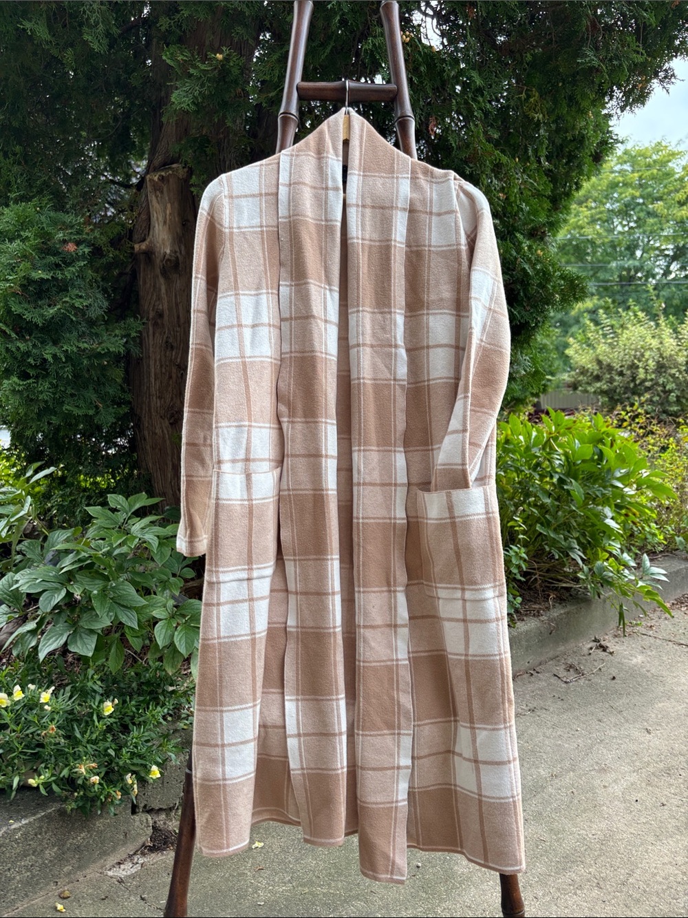 Tahari Plaid Long Sweater Jacket in Beige and Cream, long cardigan